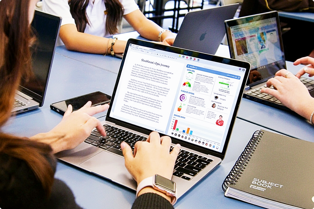 The Writer's Toolbox dashboard showing real-time writing analytics on a laptop