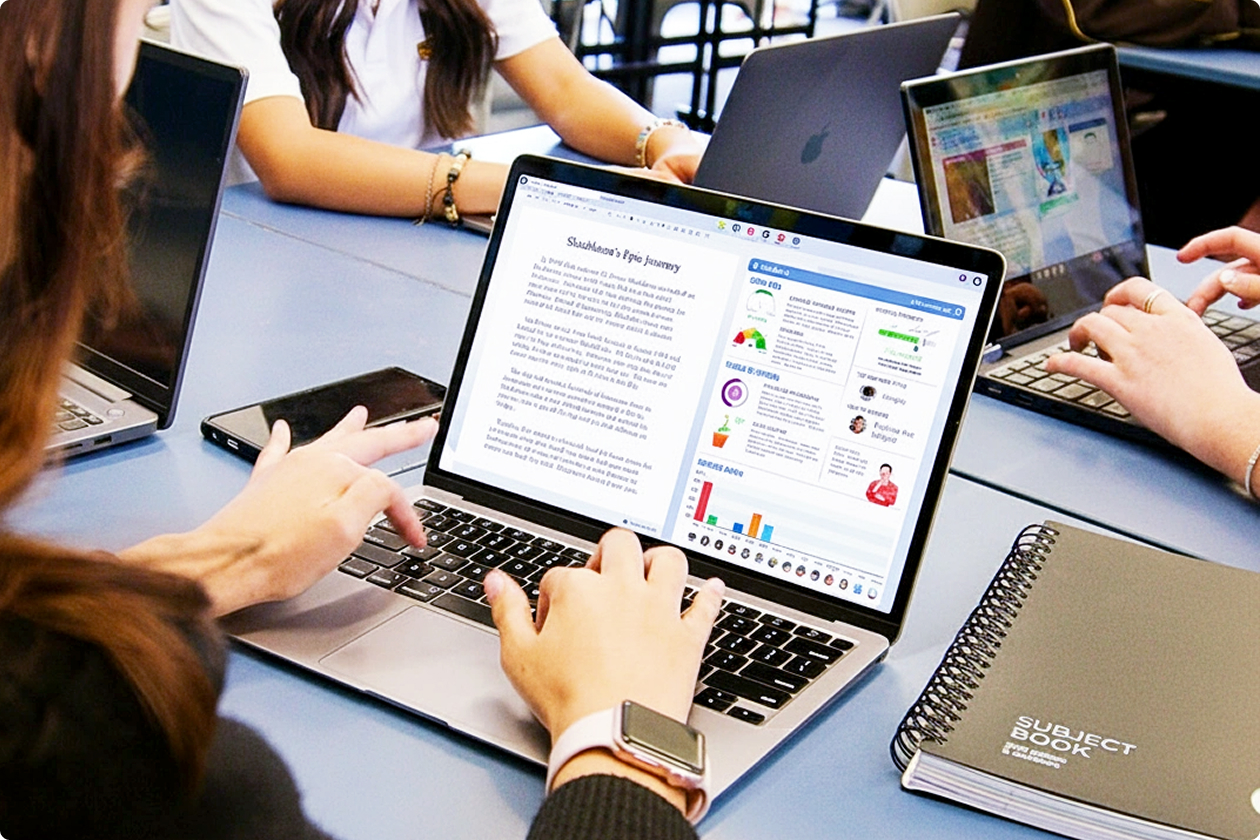 A teacher reviewing student writing on a laptop
